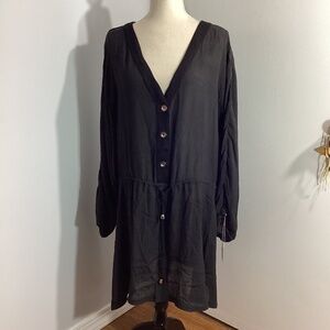 NWT BEACH BREAK WOMAN PLUS 3X BLACK COVER UP KIMONO TUNIC BUTTON FRONT